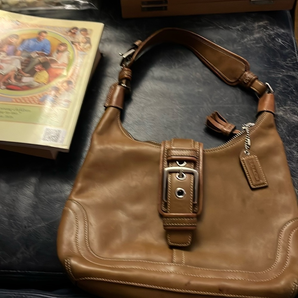 Coach Tan Brown Leather Buckle Flap Closure Hobo Shoulder Bag Purse - Vintage